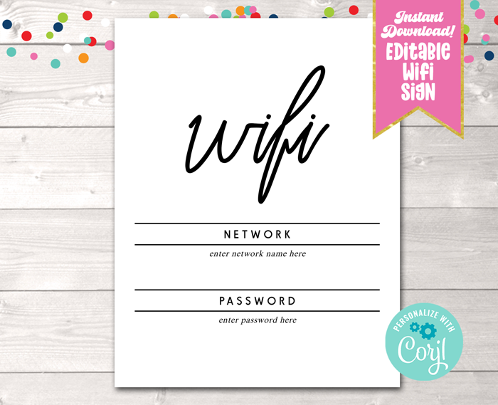 Editable Wifi Network & Password Sign, Handwriting Design