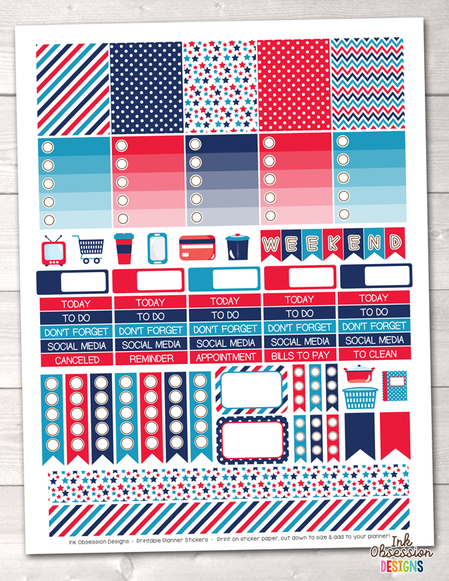 Instant Download Planner Stickers 4th of July Weekly Kit