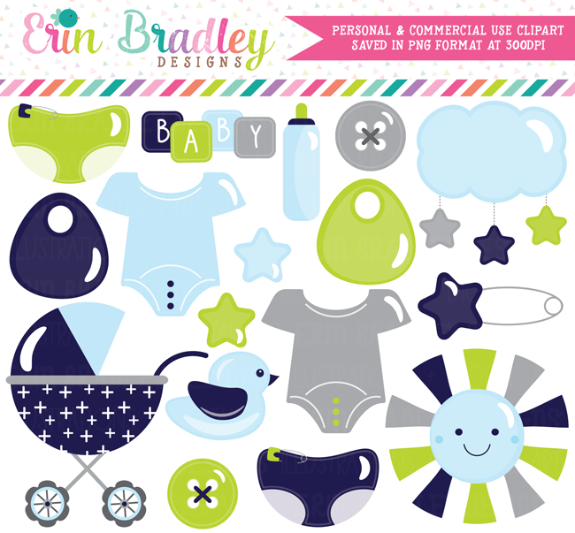 Baby Boy Clipart in Navy Blue Gray and Green