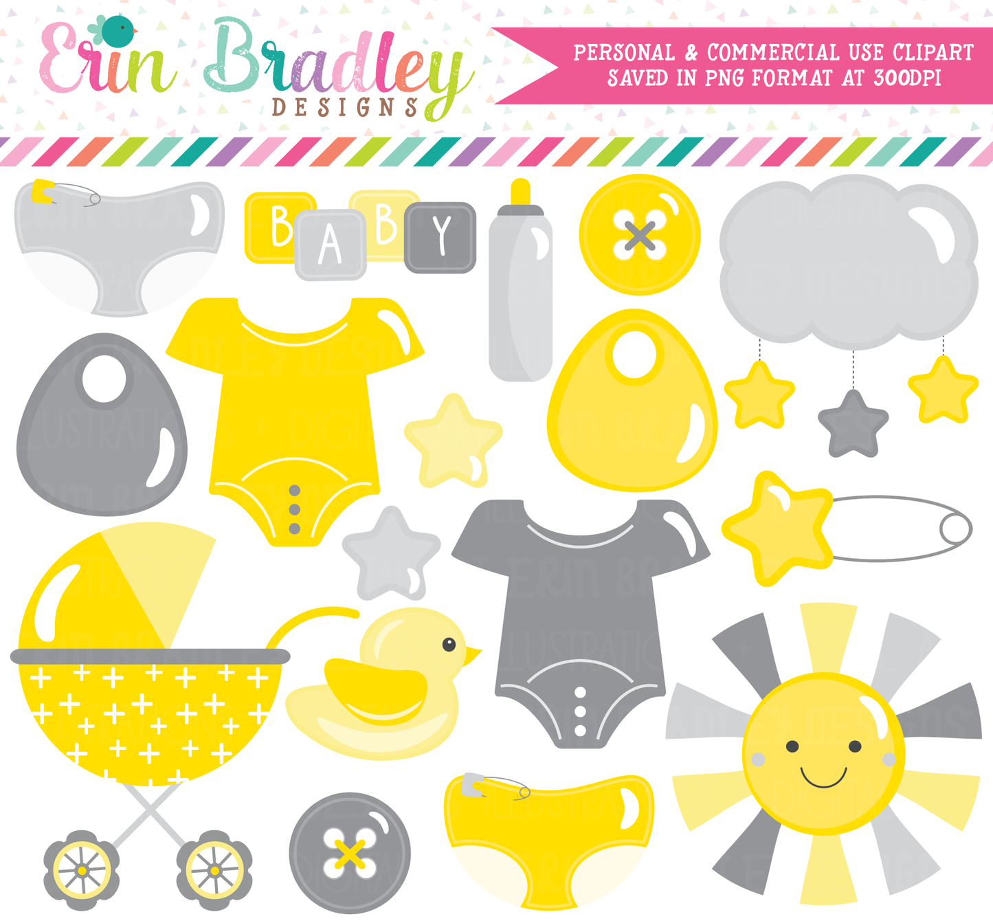 Baby Clipart in Yellow and Gray