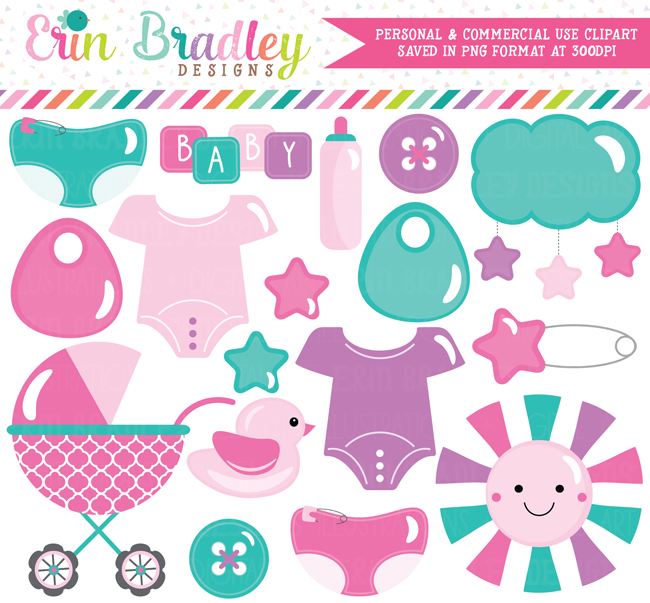 Baby Girl Clipart in Pink Purple and Blue