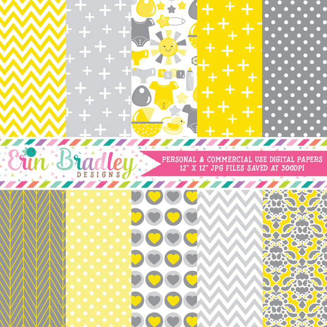 Baby Yellow and Gray Digital Paper Pack