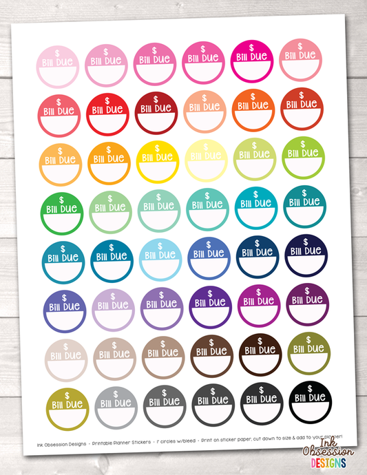 Bill Due Circles Printable Planner Stickers