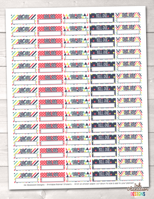 Bill Due Printable Planner Stickers Fun Patterns