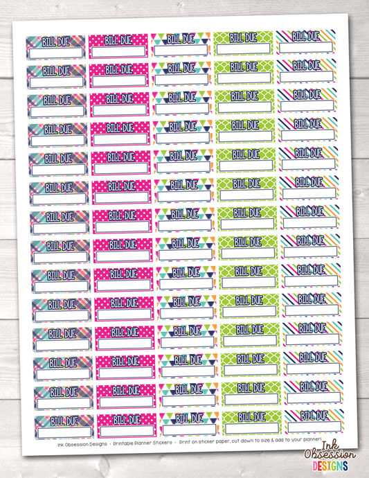 Bill Due Printable Planner Stickers