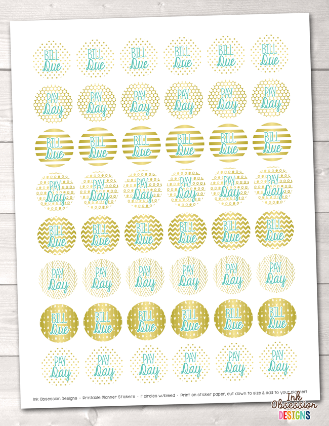 Gold Foil and Blue Bill Pay and Pay Day Printable Planner Stickers