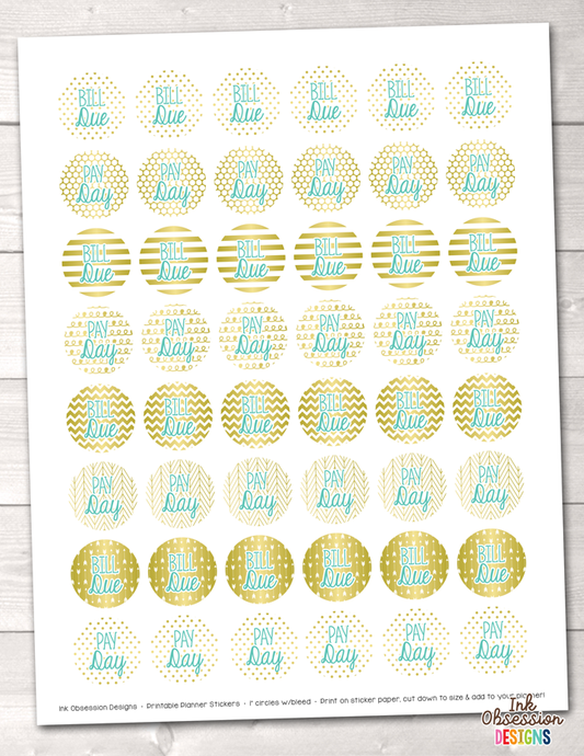 Gold Foil and Blue Bill Pay and Pay Day Printable Planner Stickers