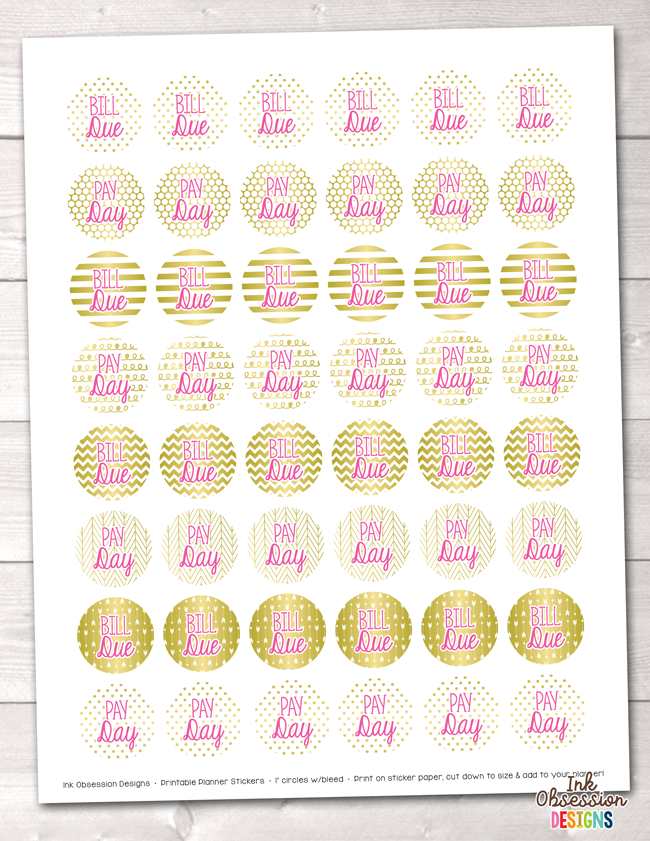 Gold Foil and Pink Bill Pay and Pay Day Printable Planner Stickers