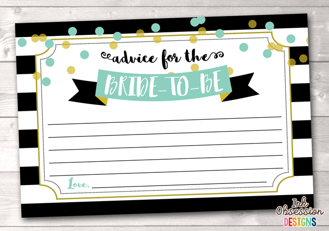 Black Stripes and Aqua Blue Polka Dots Printable Advice for the Bride to Be Cards
