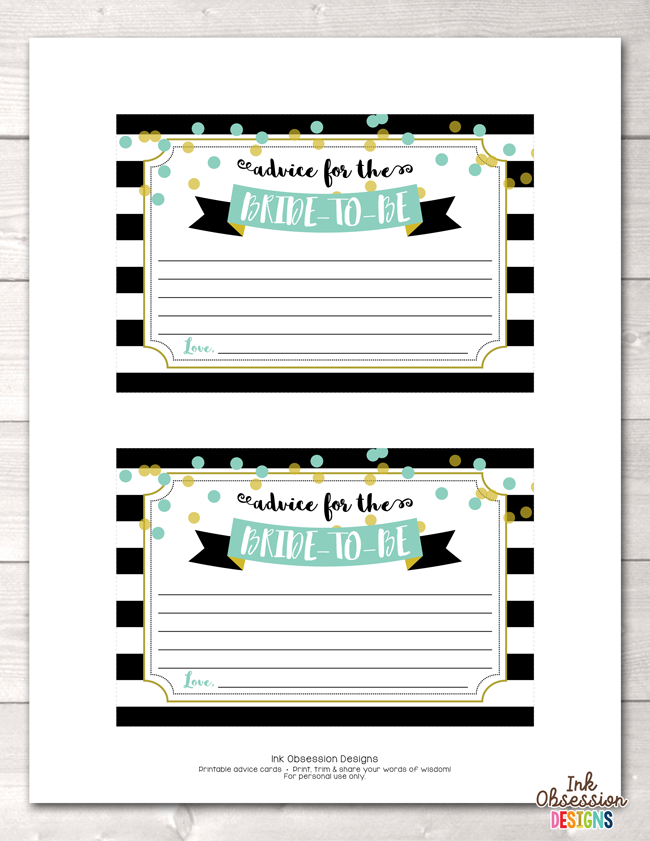 Black Stripes and Aqua Blue Polka Dots Printable Advice for the Bride to Be Cards
