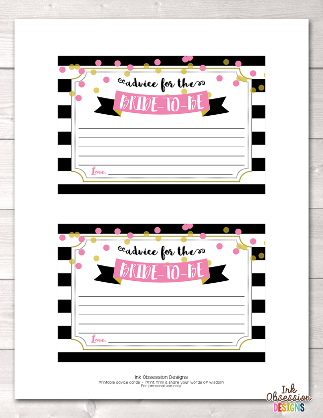 Black Stripes and Pink Polka Dots Printable Advice for the Bride to Be Cards