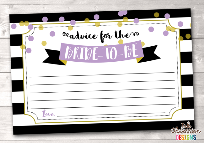 Black Stripes and Purple Polka Dots Printable Advice for the Bride to Be Cards