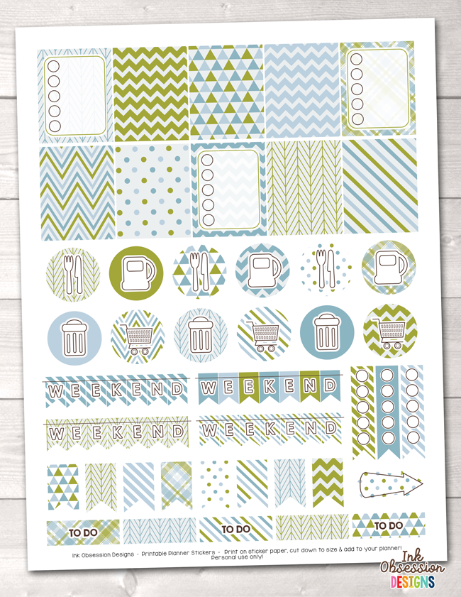 Olive Green and Blue Printable Planner Stickers Weekly Kit
