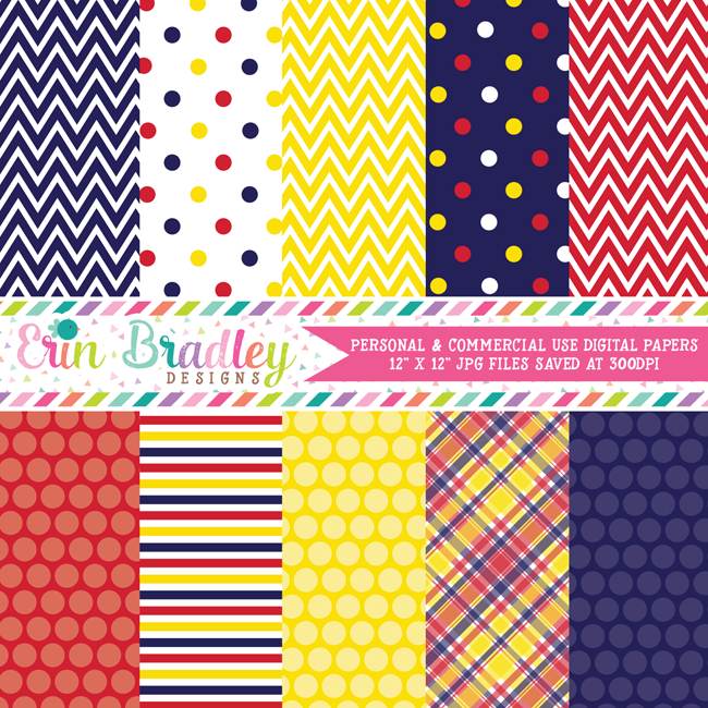 Navy Blue Red Yellow Digital Papers