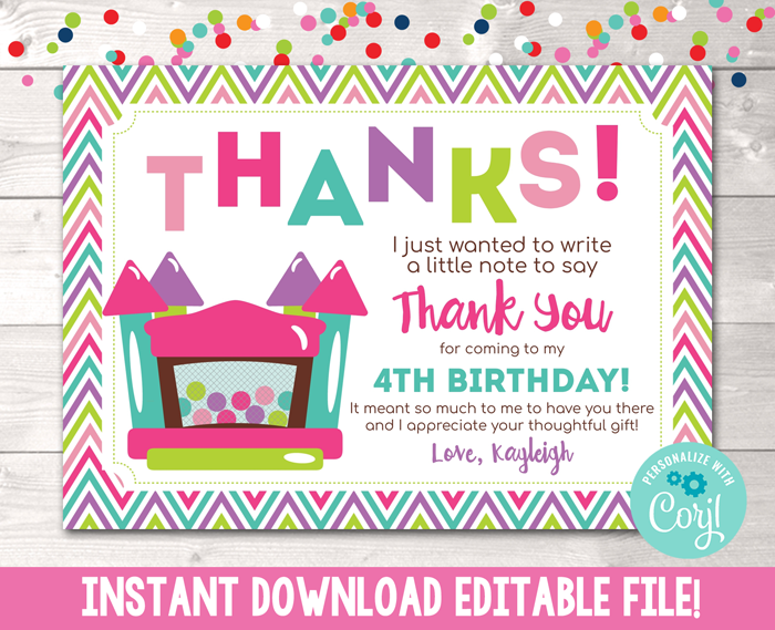 Bounce House Pink Editable Thank You Card Instant Download Printable Digital File