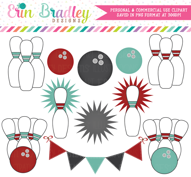 Commercial Use Graphics Red Teal Gray Bowling Clipart