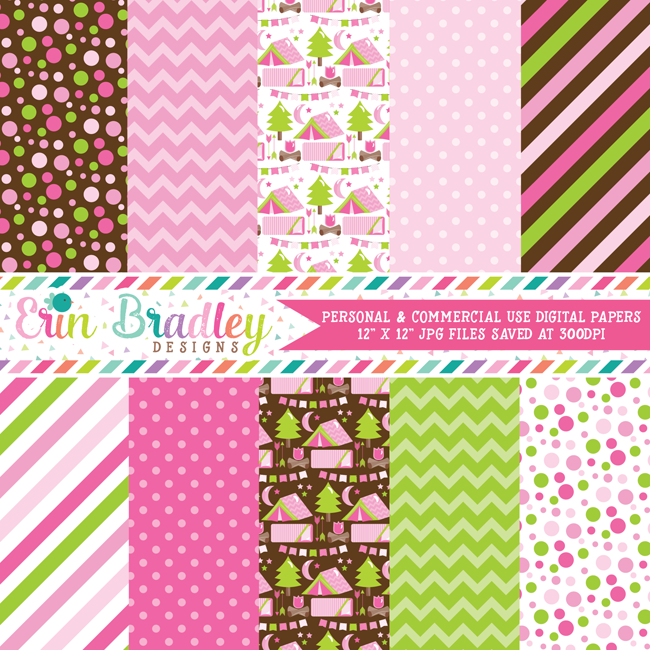 Pink Camping Party Digital Paper Pack