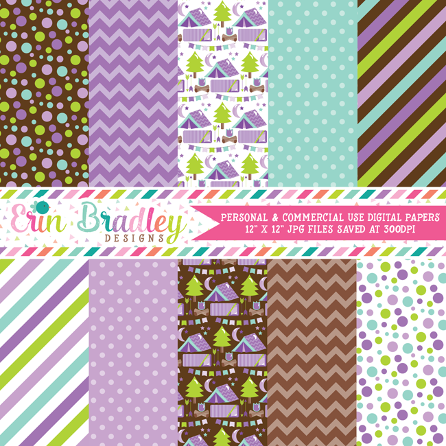 Purple Camping Party Digital Paper Pack