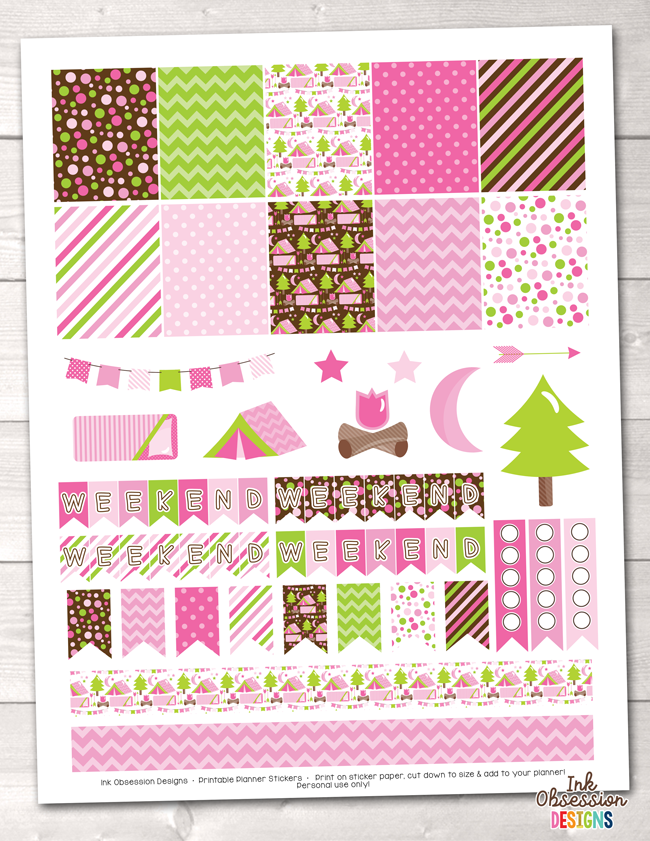 Pink Camping Printable Planner Stickers Weekly Kit