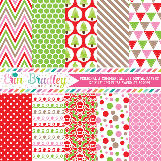 Christmas Red Pink Green Digital Papers