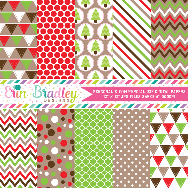 Christmas Red Green Brown Digital Papers
