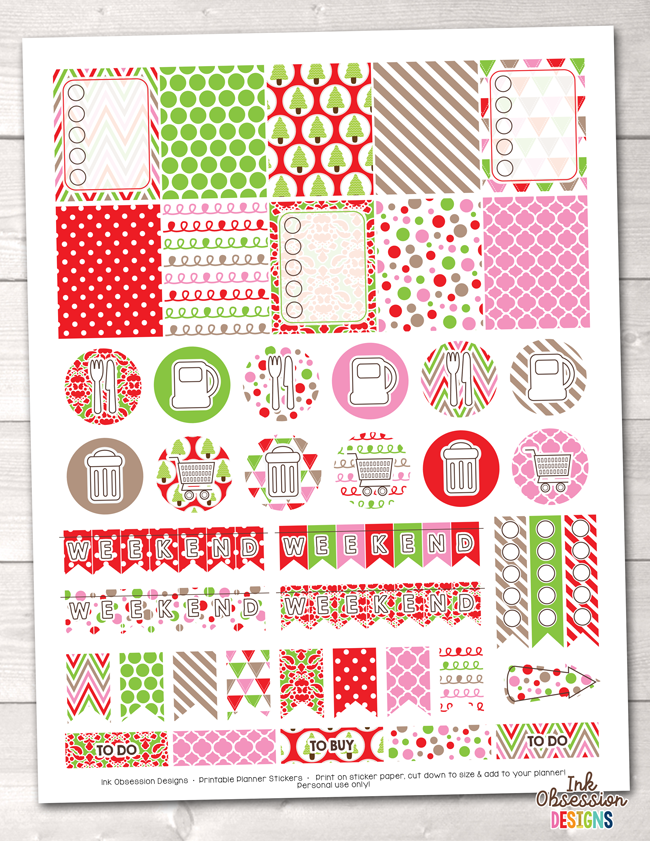Christmas Red Green Pink Printable Planner Stickers Weekly Kit
