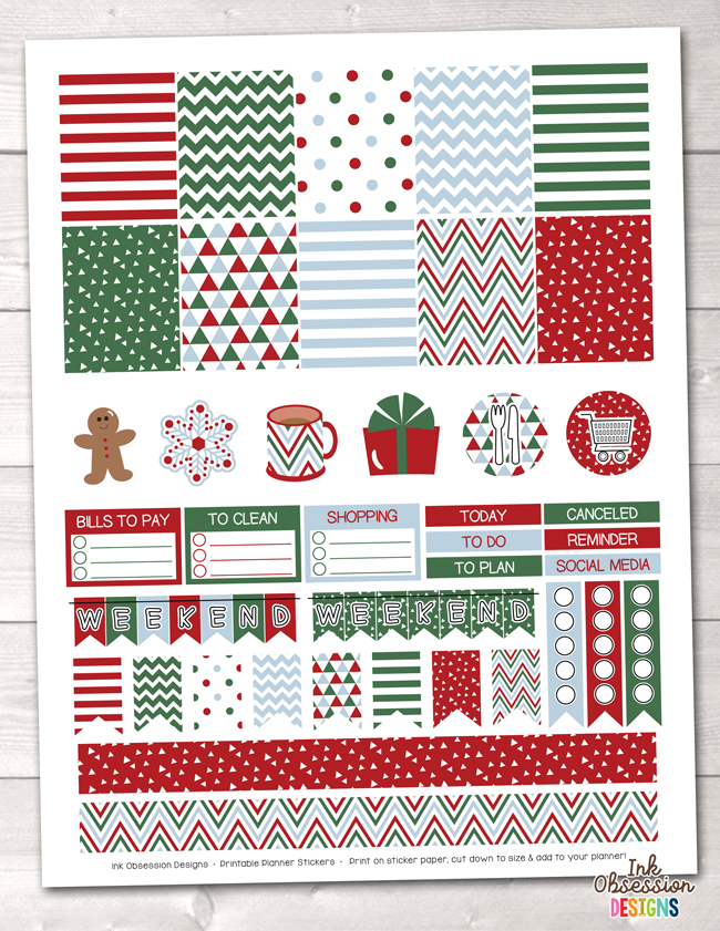 Christmas Red Green Blue Printable Planner Stickers Weekly Kit