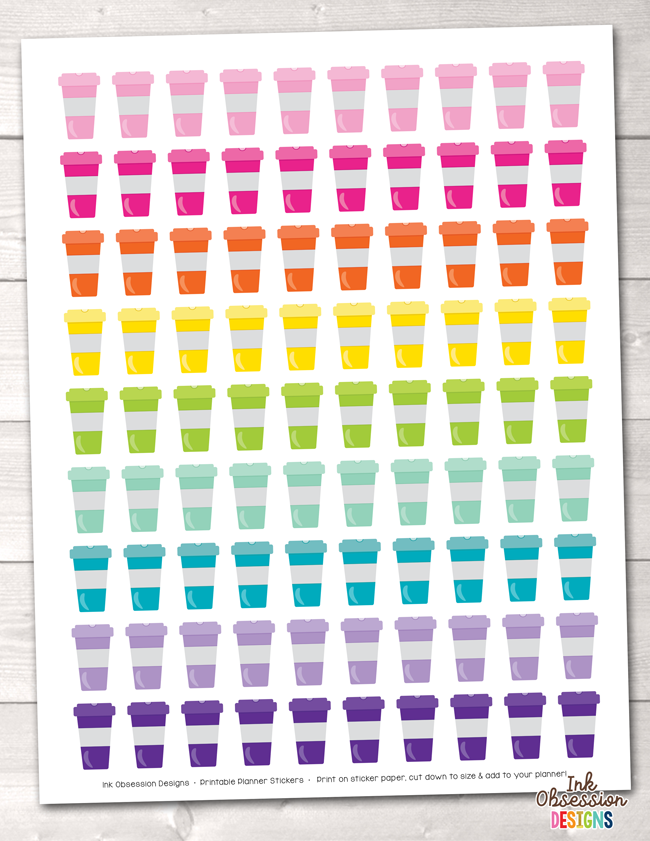 Instant Download Colorful Coffee Cups Printable Planner Stickers