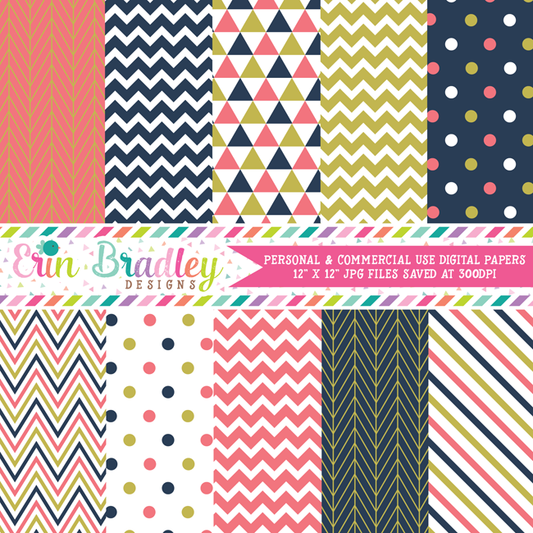 Coral Navy Gold Digital Papers