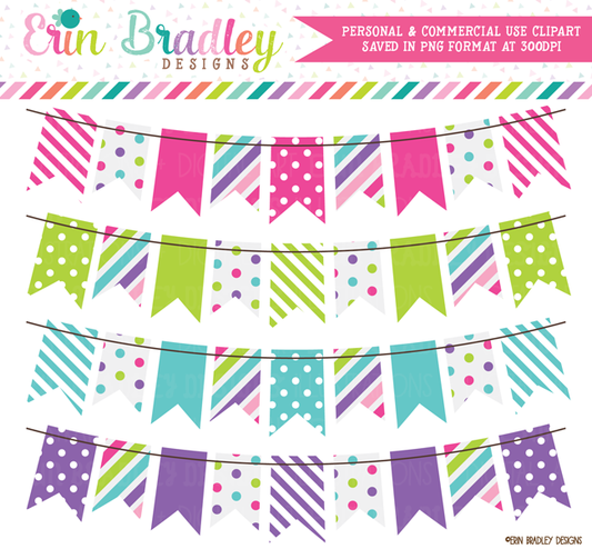 Clipart Banner Flag Bunting in Pink Green Blue Purple