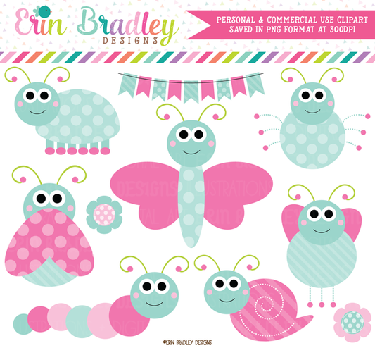 Cute Bugs Clipart Kids Graphics in Pink and Blue