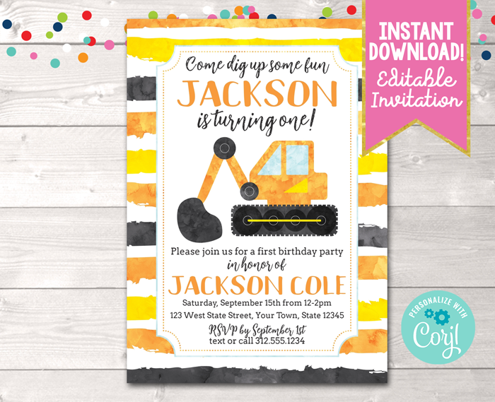 Editable Construction First Birthday Party Invitation Instant Download Digital File