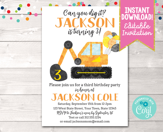 Editable Construction Digger Birthday Party Invitation Instant Download Digital File