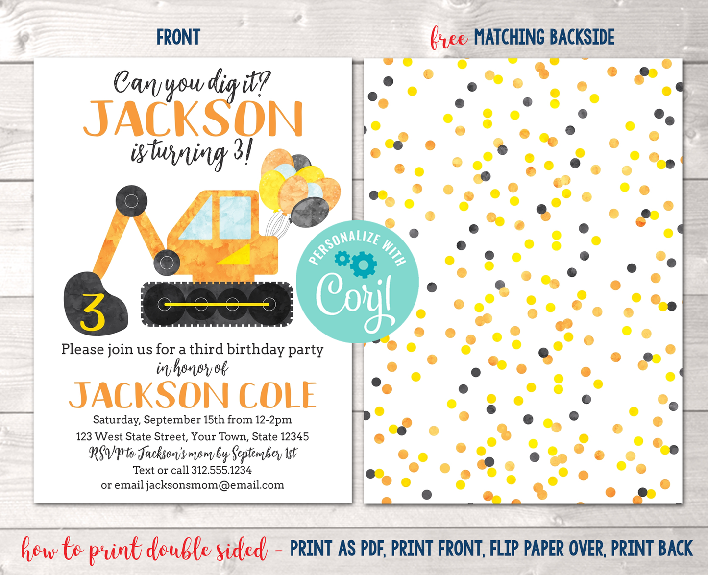 Editable Construction Digger Birthday Party Invitation Instant Download Digital File