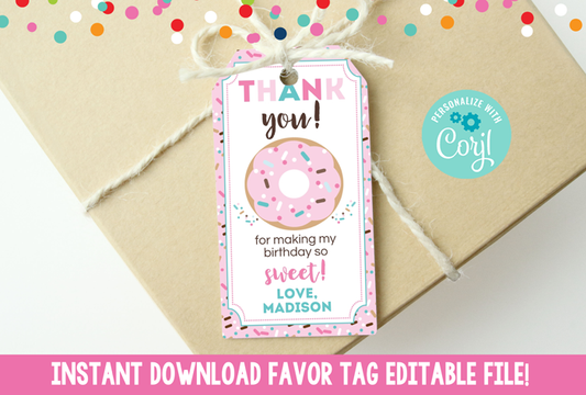 Donut Pink Editable Favor Tag Instant Download Printable PDF