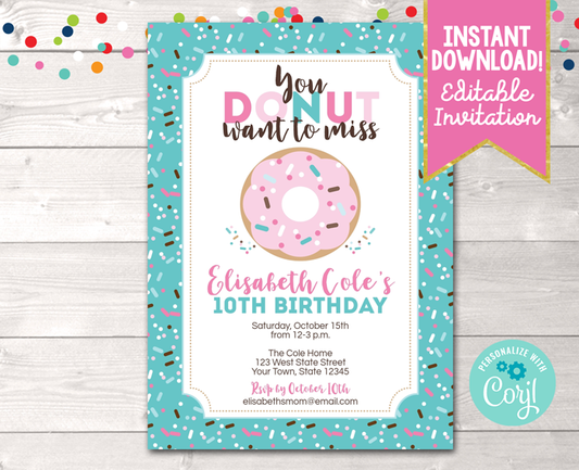 Editable Donut Birthday Party Invitation in Blue Instant Download Digital File