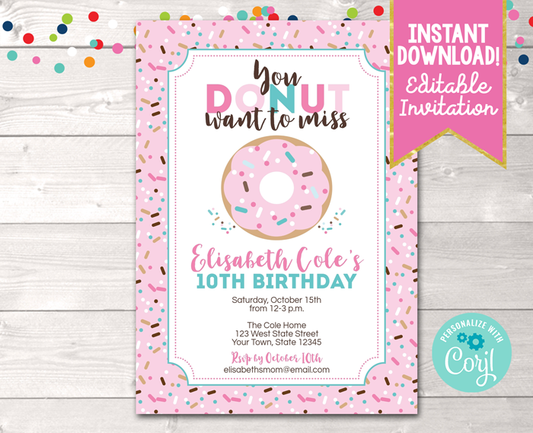 Editable Donut Birthday Party Invitation in Pink Instant Download Digital File