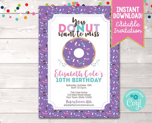 Editable Donut Birthday Party Invitation in Purple Instant Download Digital File