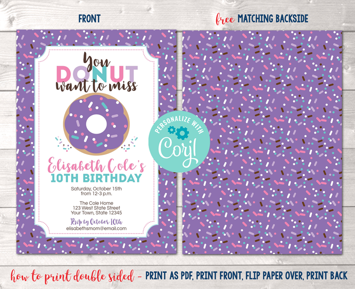 Editable Donut Birthday Party Invitation in Purple Instant Download Digital File