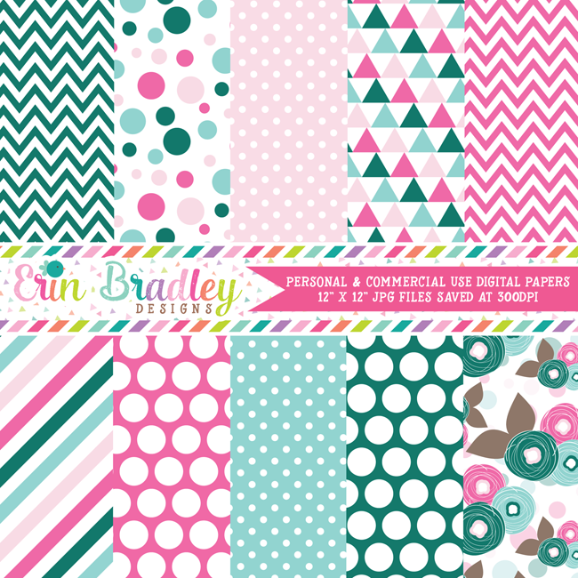 Emerald and Pink Digital Papers