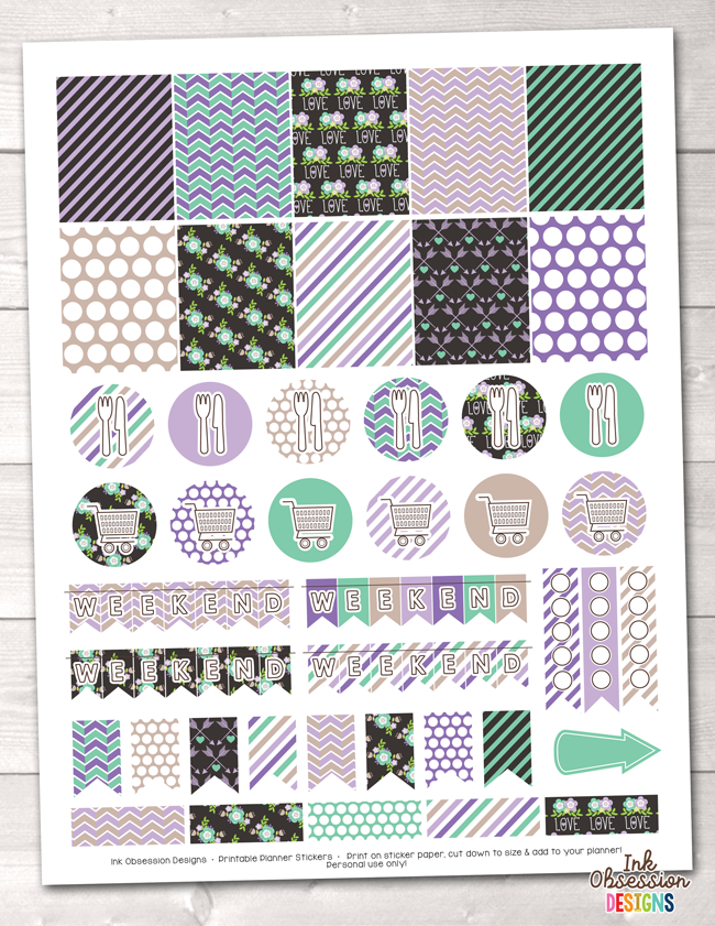 Floral Elements Purple Printable Planner Stickers Weekly Kit Instant Download PDF