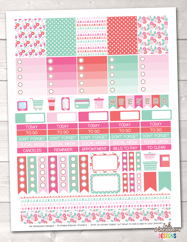 Floral Pink and Blue Printable Planner Stickers