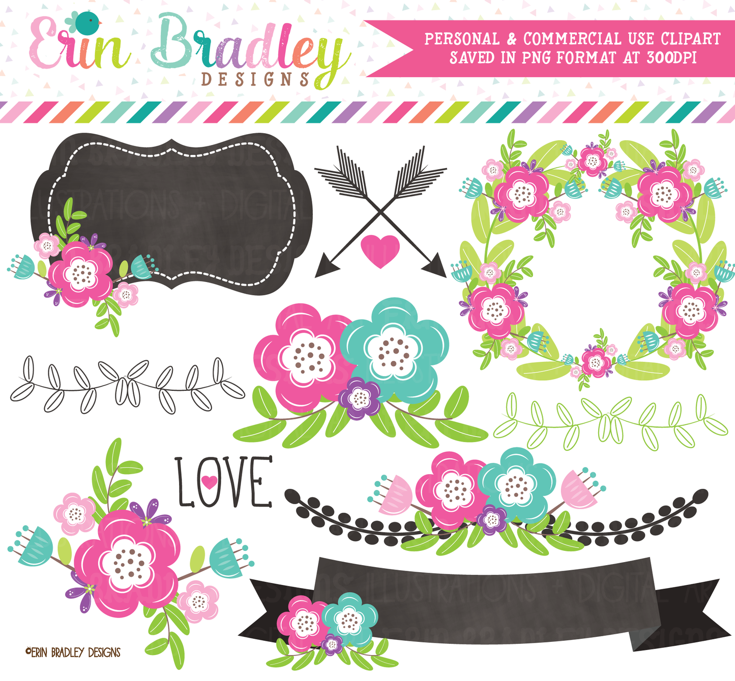 Floral Elements Clipart Pink and Blue