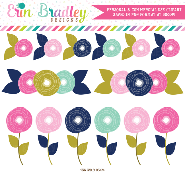 Flower Doodles Clipart in Pink and Blue