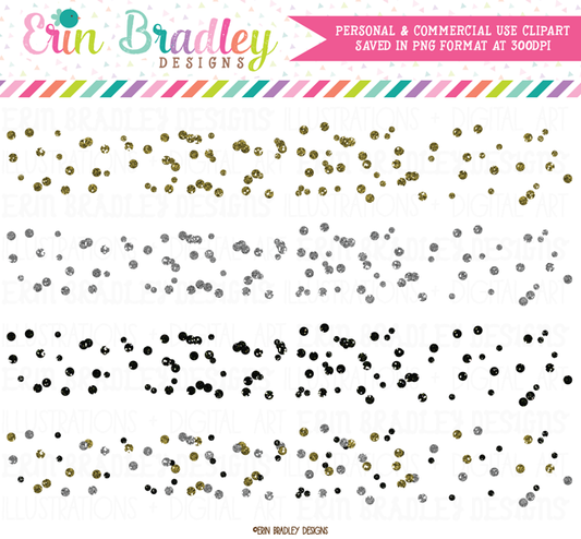 Glitter Polka Dot Confetti Borders Clipart in Gold Silver and Black