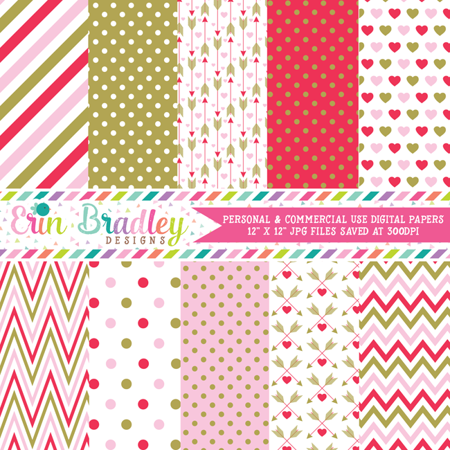 Red Pink Gold Valentines Day Digital Papers