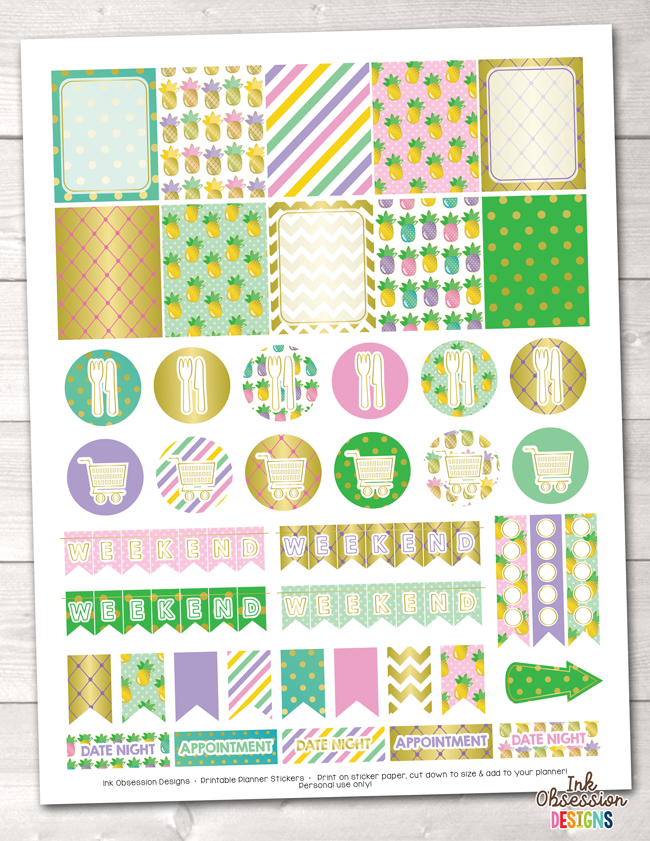 Golden Pineapples Printable Planner Stickers Weekly Kit