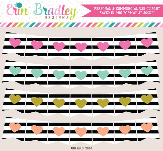 Heart Banners Clipart with Black Stripes