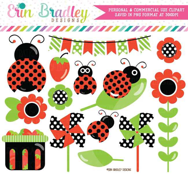 Commercial Use Ladybug Clipart in Red Black and Green