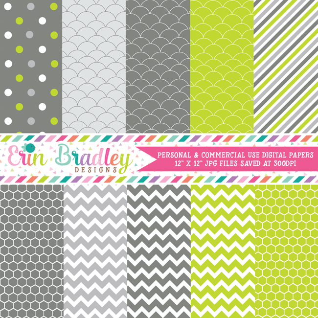 Lime and Gray Digital Paper Pack